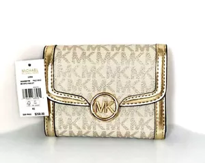 Michael Kors Leida Medium Metallic Signature Logo Snap Wallet Pale Gold NEW🎁NWT - Picture 1 of 6