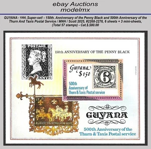 150th Anniv. Penny Black, Super-set Of 9 Sheets, Guyana - 1990, MNH - Cat.$80.00 - Picture 1 of 9