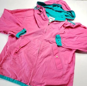 Vintage 90s Hot Pink Windbreaker Hooded Zip Up Jacket Size Petite Large 12/14 - Picture 1 of 8