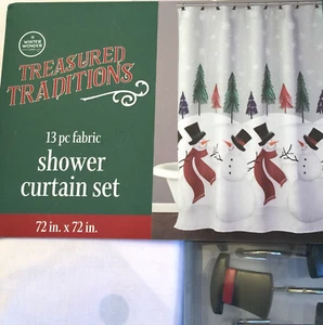 SNOWMAN CHRISTMAS SHOWER CURTAIN SET TOP HAT HOOK POLYESTER 72x72 WINTER WONDER - Picture 1 of 15