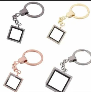 Memory Living Charm Glass Square Locket Key Chain Keyring - Picture 1 of 7