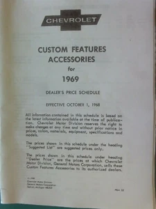 1969 CHEVROLET CUSTOM FEATURES DEALERS PRICE SCHEDULE..IMPLALA, (COPY) - Picture 1 of 1
