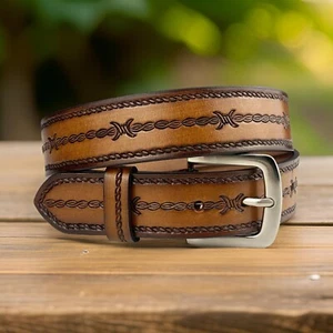 Western Belt Handmade Strap Men's Full Grain Leather No Buckle Cowboy Rodeo Belt - Picture 1 of 12