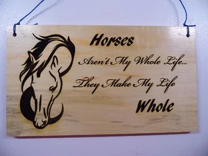 Horses Make My Life Whole-Wood Burning Plaque Art Picture Pyrography (Blue Cord) - Picture 1 of 4