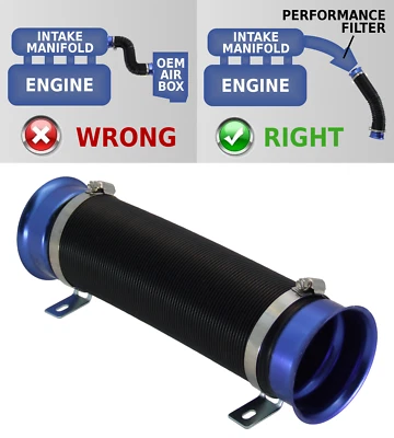 UNIVERSAL FREE FLOW COLD AIR FEED/INTAKE PIPE BLACK with BLUE RAMS-Fits Nissan 1 - Image 1 of 2
