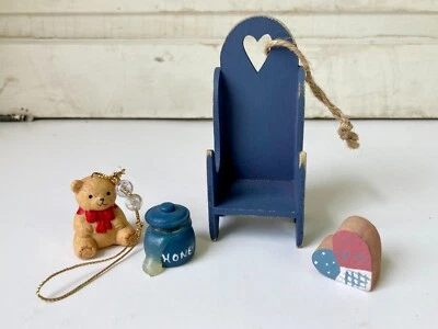 VTG 4 Wooden Miniatures Chair Patchwork Heart Honey Pot Porcelain Bear Ornaments - Image 1 of 4
