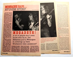 MEGADETH 1986 MUSTAINE RAPS PERO ¿ESTÁ COMPRANDO KIRK? ARTÍCULO COMPLETO DE REVISTA DE 2 PÁGINAS - Imagen 1 de 2