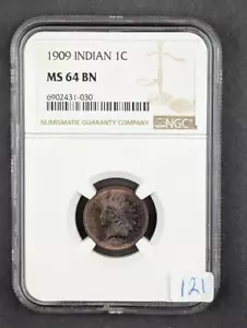 1909 Indian Head Penny - NGC MS64BN - Blue Toned - Picture 1 of 6