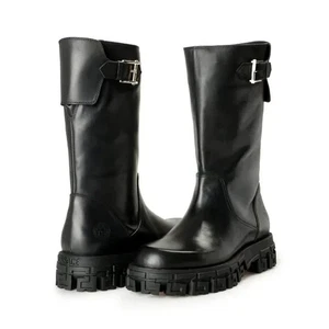 $1895 Designer VERSACE Men's Black Biker Leather Outsole Logo Buckle Ankle Boots - Picture 1 of 8