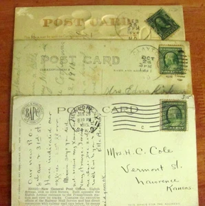 POSTKARTEN LOT (3) ALLE VERSCHICKT 1909 & 1911, BENJAMIN FRANKLIN ONE CENT BRIEFMARKEN - Bild 1 von 10