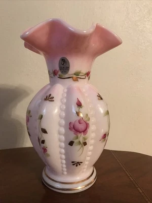 Fenton Glass Rosalene Beaded Melon Vase,2002 Charleton Collection, Uranium Glass - Image 1 of 3