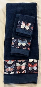 July 4th Patriotic Bath Towel Set Bathroom Decor Butterfly Red White Blue 3 Pc - Picture 1 of 5