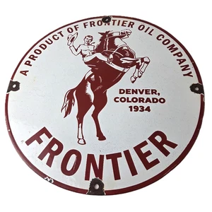 Vintage Frontier Gasoline Sign - Cowboy Gas Oil Service Station Porcelain Sign - Picture 1 of 14