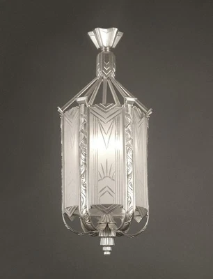 MAYNADIER: GRANDE SUSPENSION-LANTERNE ART DÉCO BRONZE ARGENTÉ VERRE DÉPOLI GRAVÉ - Photo 1/4