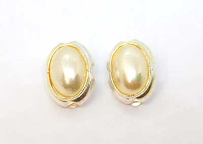 Pair of Sterling Silver Faux Pearl Oval Cabochon Clip On Earrings Vintage c1970 - Image 1 of 4