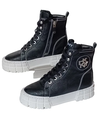 DKNY Black PERI High Top Faux Leather Lace-up Side Zipper White Lug Sole  Sz 7M - Image 1 of 4