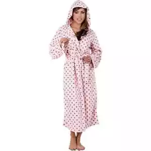 Hoodie Robe Plush Hooded Robe Spa Bathrobe Hoody Robe Long Robe Pink Polka Dot - Picture 1 of 3