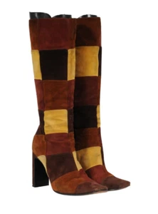Casadei Vintage Colorblock Boots US 6 EU 36 Brown Yellow Suede Square Toe - Picture 1 of 15