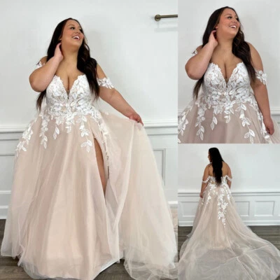 Plus Size Wedding Dresses Champagne with Split Off the Shoulder Lace Appliques - Image 1 of 4