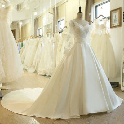 Satin Wedding Dresses V Neck Long Sleeve Beach Boho Sweep Train Bridal Gowns - Image 1 of 4