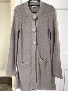 Boden Long Cardigan Grey Beige 100% Cotton Chunky Knit Big Buttons Pockets UK 10 - Picture 1 of 6