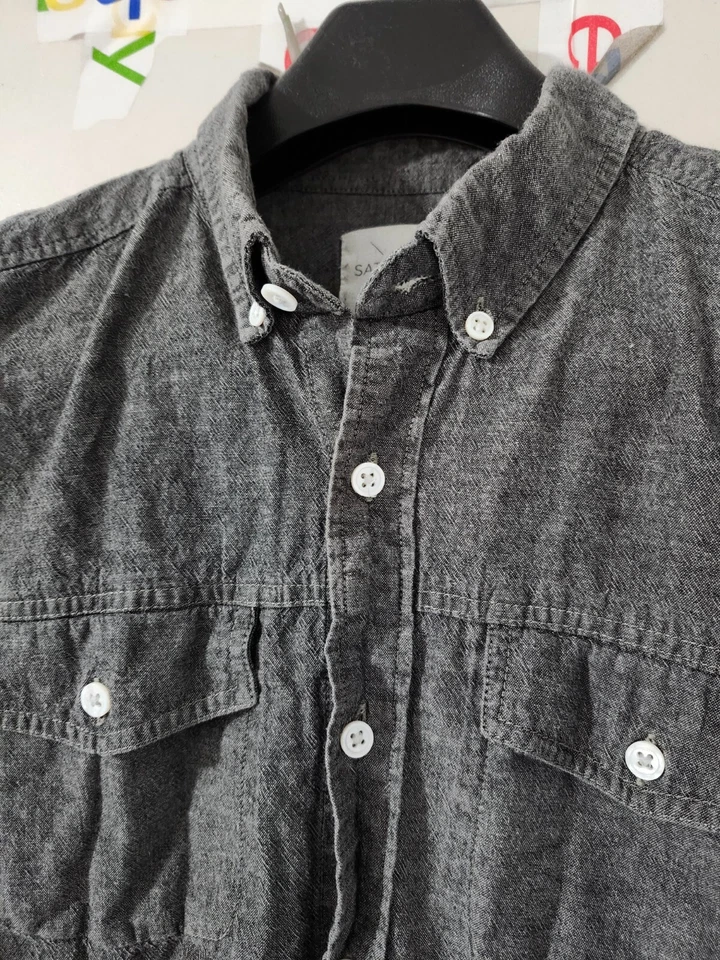 Рубашка мужская SATURDAYS Surf NYC M угольно-коричневая с длинным рукавом на пуговицах хлопок шамбре - Изображение 1 из 4