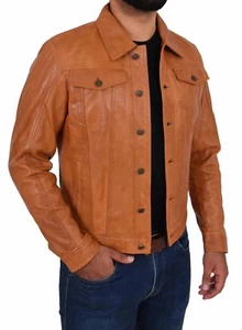 Mens Soft Leather Trucker Jacket Tan American Western Denim Levi Style Coat NEW - Picture 1 of 12