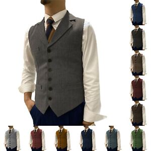 Mens Waistcoats Herringbone Tweed Groom Vests Formal Vintage Retro Notch Lapel