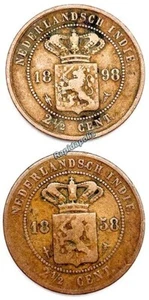 Lot 2 echte antike Niederländisch Ostindien 2-1/2 Cent Münzen 1858 + 1898 - Bild 1 von 6