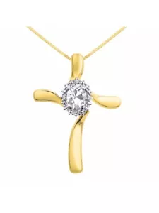 Rylos 925 Yellow-Gold -Plated - Silver Pendant White Topaz & Diamond 7X5MM - Picture 1 of 3