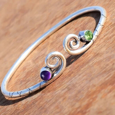Peridot Cut & Amethyst Gemstone 925 Sterling Silver Cuff Bangle Beauty Jewelry - Image 1 of 4