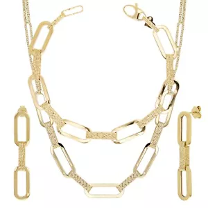 Italian 14k Yellow Gold Paper Clip Link Necklace, Bracelet & Earrings Set 27.2 g - Picture 1 of 7
