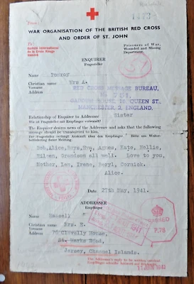 Jersey UK Red Cross message 1941 to Jersey reply with Paris Entry/Exit cachet - Image 1 of 3