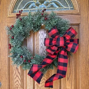 Buffalo Plaid Christmas Wreath Bow - 10" Wide, 18" Long Pre-Tied Bow Red Black - Picture 1 of 8
