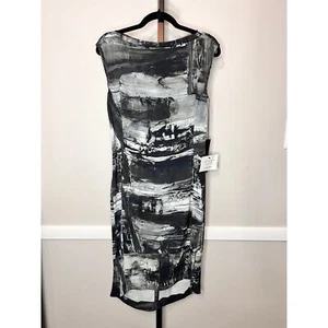Victor Alfaro Sheath Dress Sleeveless Boat Neck Knee Length Abstract Black 8 NEW - Picture 1 of 7
