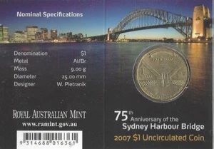 AUSTRALIA 2007  SYDNEY HARBOUR BRIDGE 75th ANNIVERSARY  $1 UNC COIN CARDED - Picture 1 of 2