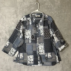 Take Two 3X Top Plus Mixed Media Roll Tab 3/4 Sleeve Tunic Blue Button Down - Picture 1 of 8