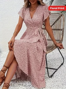 Lightweight Polyester Elegant Red Floral V-Neck Midi Dress - Picture 1 of 6