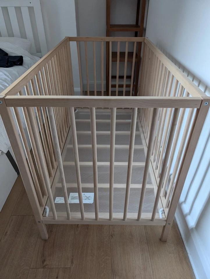 IKEA Solid Beech Wood Baby Cot Crib With Obaby Pocketsprung Mattress - Image 1 of 3