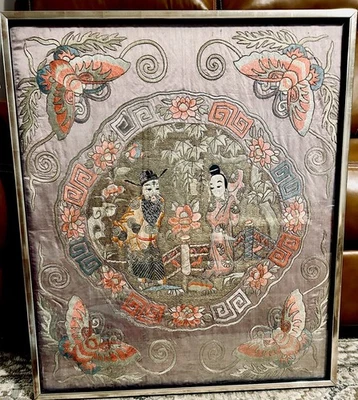 Framed Antique Chinese silk & gold embroidery Fu Lu Deities 30”x25” - Image 1 of 4