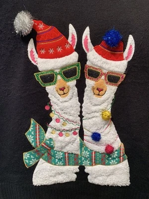 33 度黑色 Llama 亮片袖丑陋圣诞毛衣束腰连衣裙 L — 第 1/4 张图片