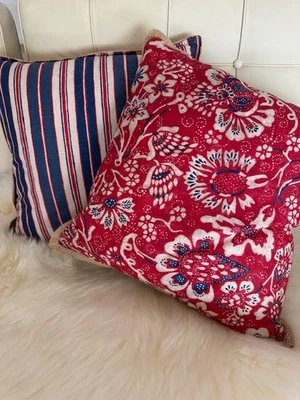 Ralph Lauren Villa Martine Deco Pillow Red Blue Floral reverses to Stripes New - Image 1 of 2