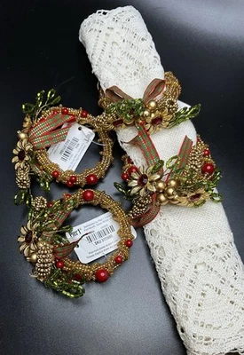 Juego De (4) ANILLOS SERVILLETEROS FLORES CON CUENTAS Pier 1 Importaciones Rojo Oro Verde-Nuevos con Etiquetas Foto 1 de 4