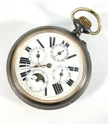 Antique 19th Ce Triple Calendar, Moon Phase Swiss Pocket Watch  chrometer - Image 1 of 4