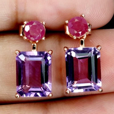 925 Sterling Silver Earrings Octagon Amethyst 9x7mm Ruby Gemstone Jewelry - Image 1 of 4