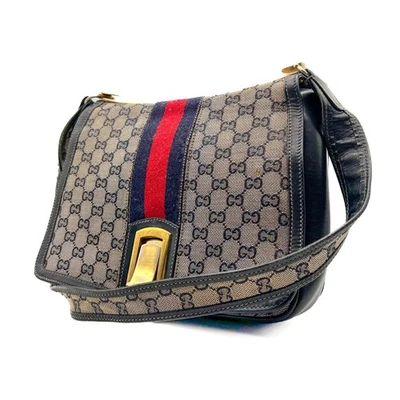 Vintage Gucci Sherry Line Slide Lock GG Canvas Navy Leather Shoulder Bag Auth - Image 1 of 4