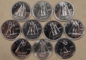 Canada 1969,75,76,78,79,82,83,84,85,+93 PL except 75+85? Ten Cents  as Pictured - Picture 1 of 2