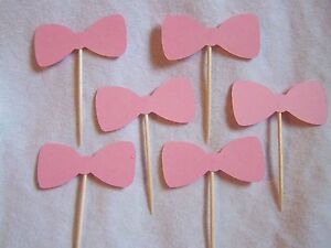 Bowtie pink party cupcake toppers set of 12 baby girl handmade gender reveal