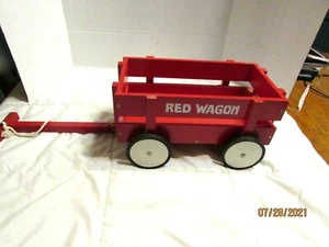 RED WOODEN DOLL TEDDY BEAR RED WAGON WHEELS TURN 12" LONG 6 1/2" HIGH - Picture 1 of 6