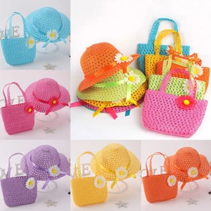 Summer Baby Kids Boy Girls Hat + Bag Set Children Breathable Straw Caps Handbag - Picture 1 of 28